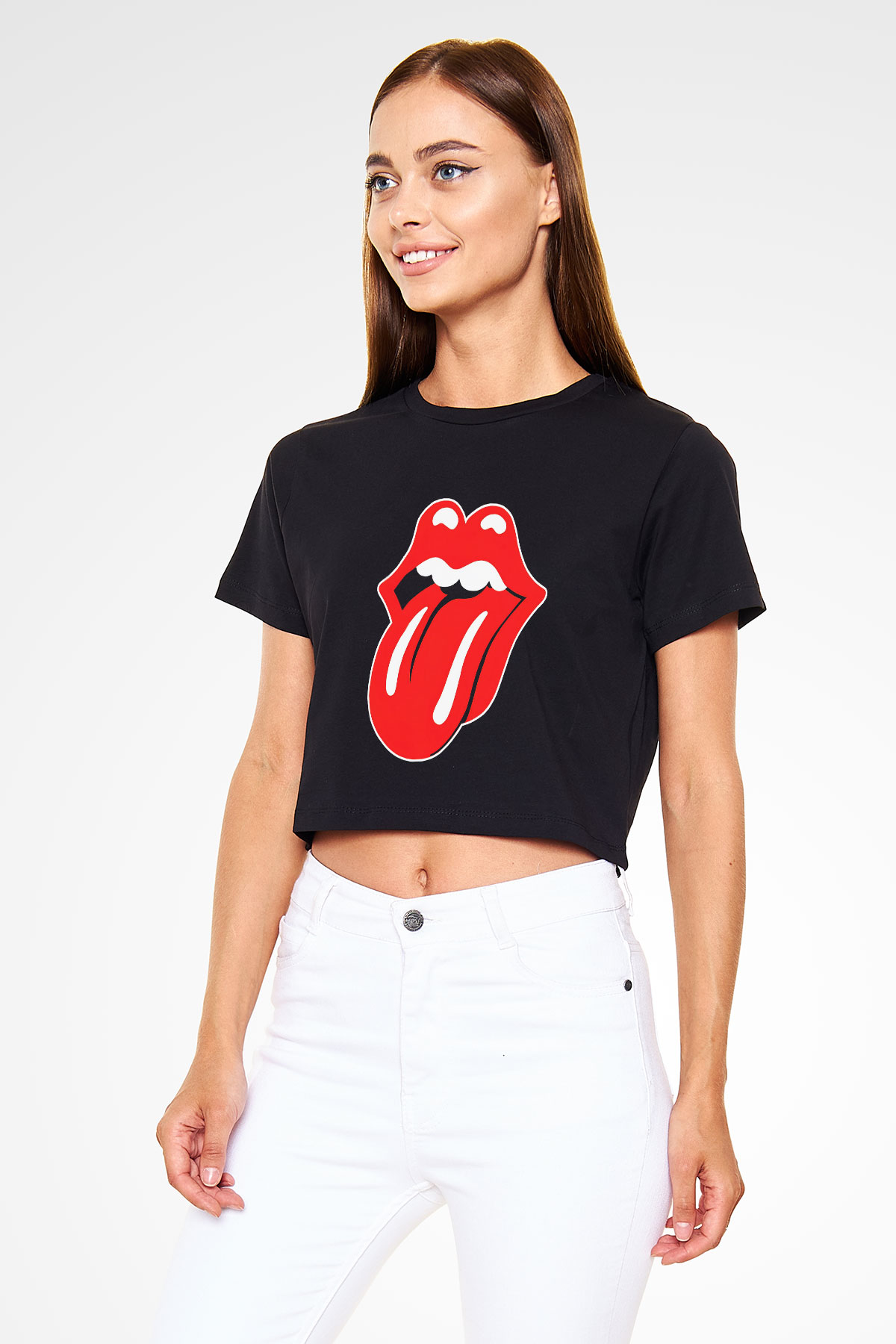 The Rolling Stones Logo Siyah Crop Top Tişört