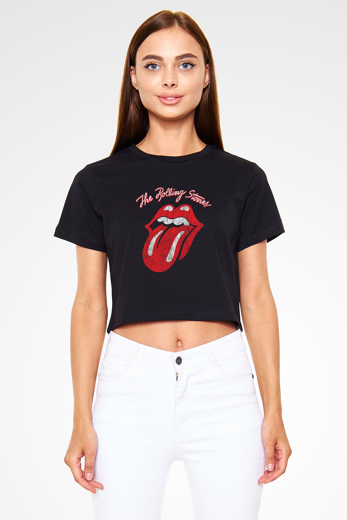The Rolling Stones Logo Siyah Crop Top Tişört