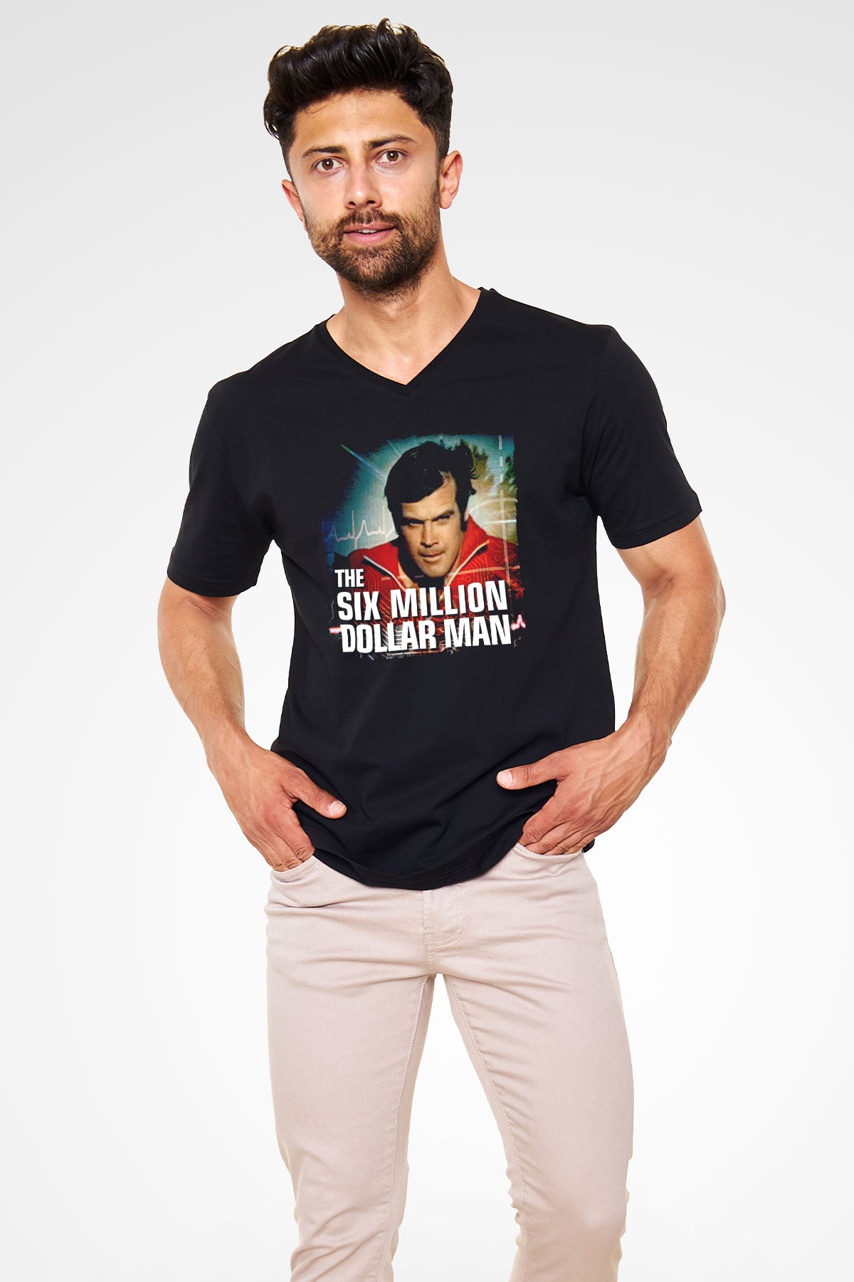The Six Million Man Dollar Siyah Unisex  V Yaka Tişört