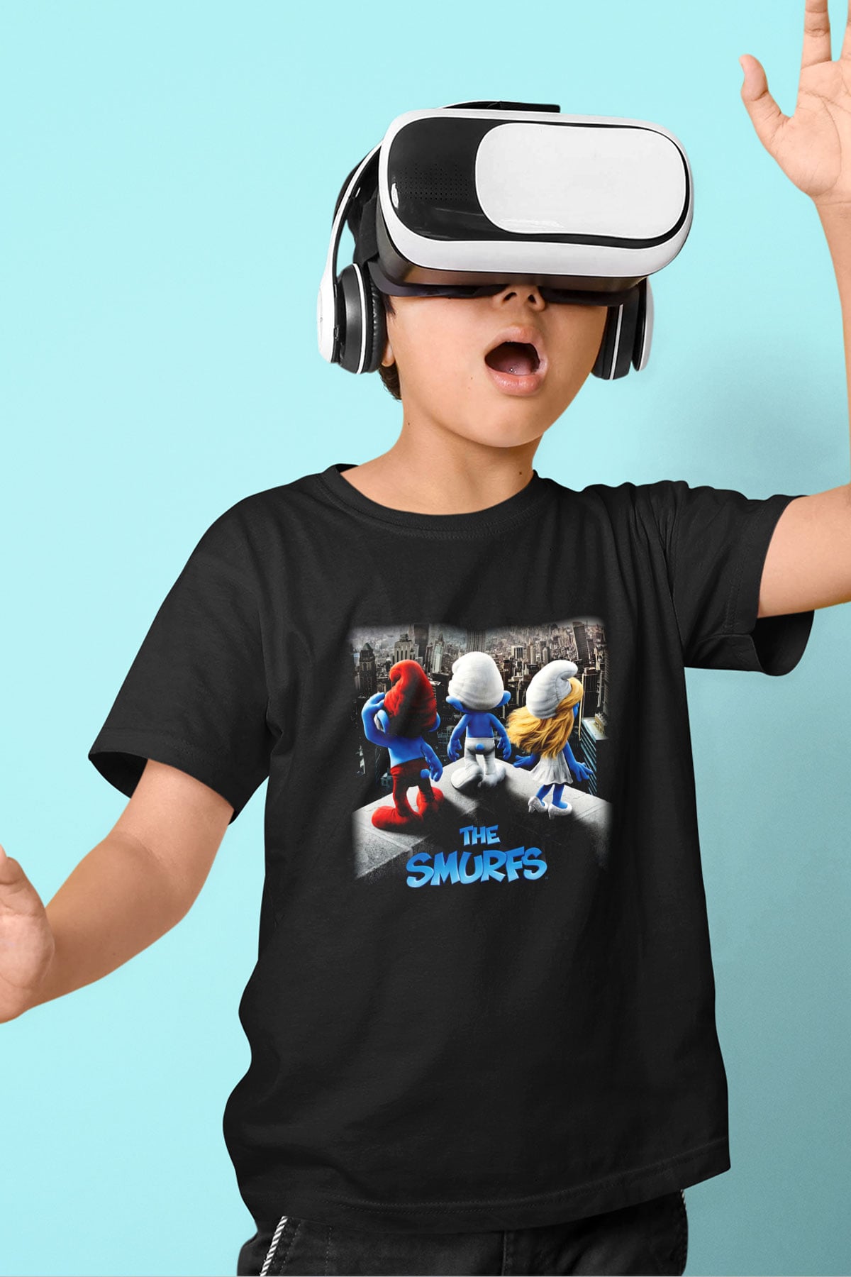 The Smurfs Şirinler Baskılı Siyah Unisex Çocuk Tişört