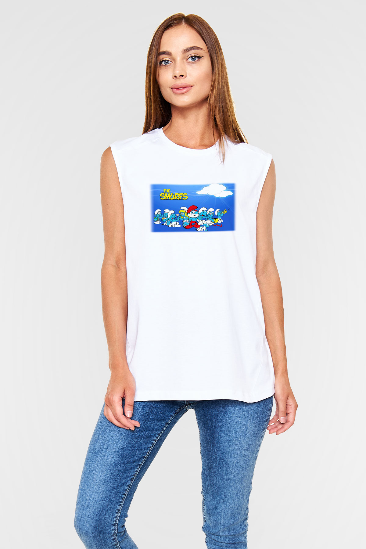 The Smurfs Şirinler Beyaz Unisex Kolsuz Tişört