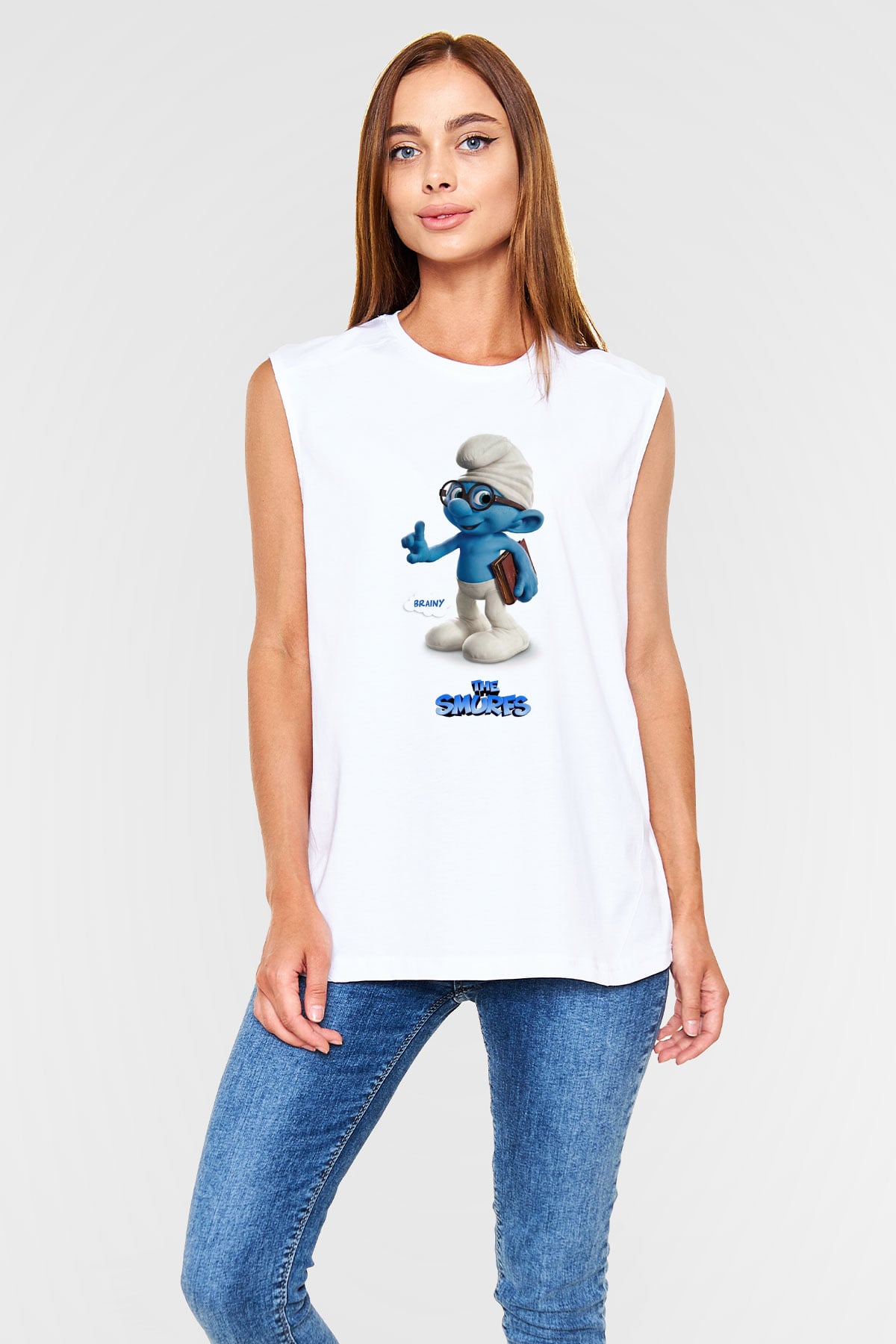 The Smurfs Şirinler Beyaz Unisex Kolsuz Tişört