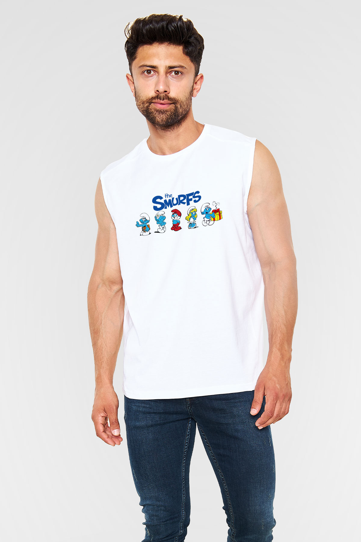 The Smurfs Şirinler Beyaz Unisex Kolsuz Tişört