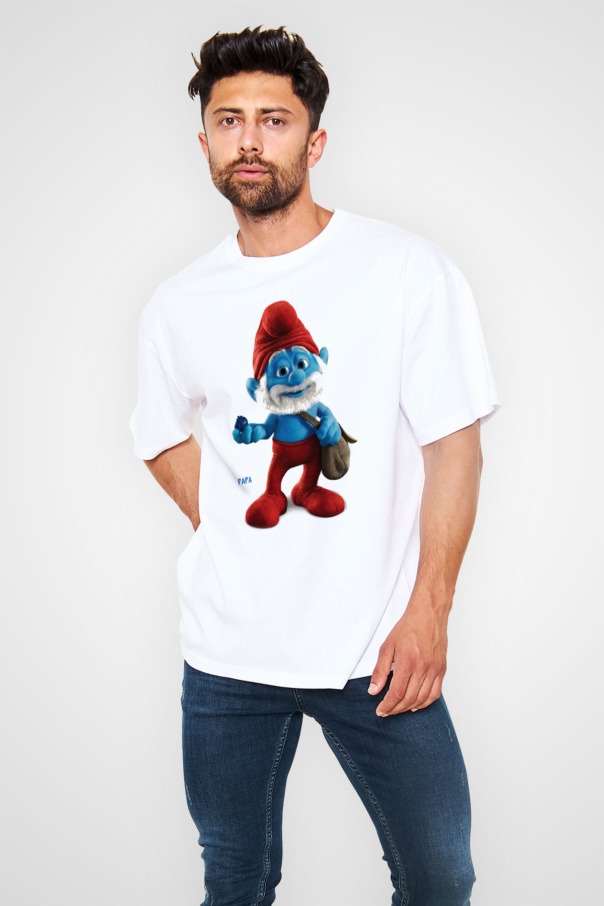 The Smurfs Şirinler Beyaz Unisex Oversize Tişört
