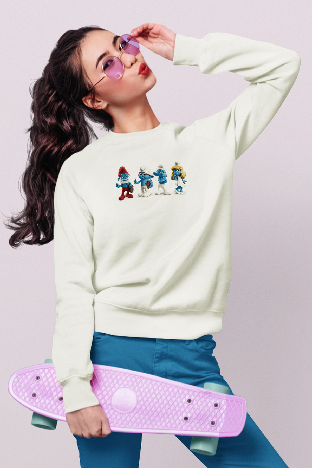 The Smurfs Şirinler Beyaz Unisex  Sweatshirt