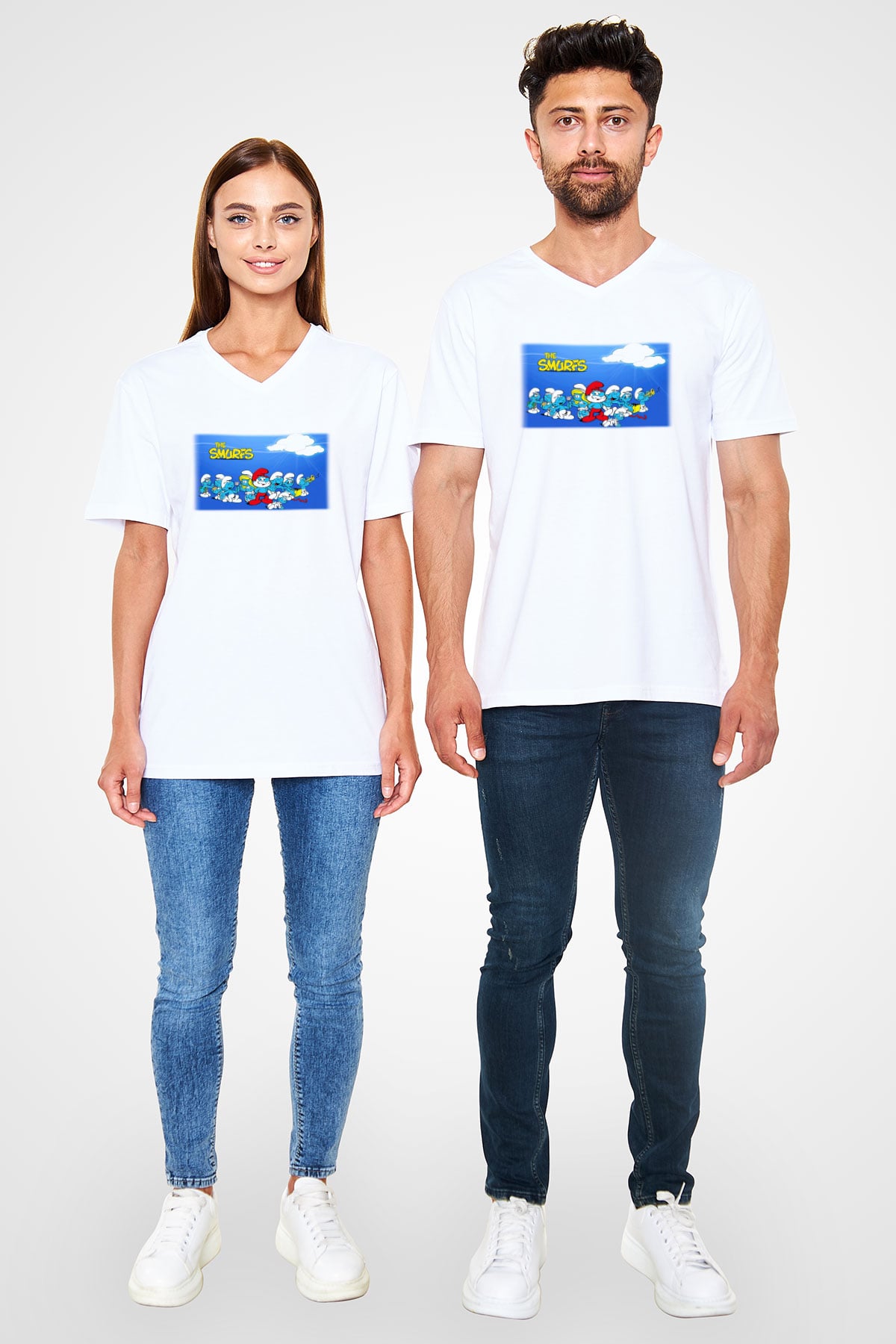 The Smurfs Şirinler Beyaz Unisex V Yaka Tişört