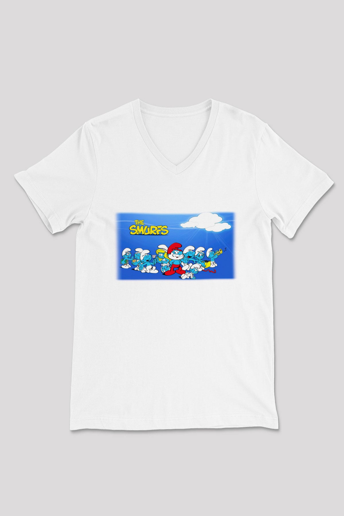 The Smurfs Şirinler Beyaz Unisex V Yaka Tişört