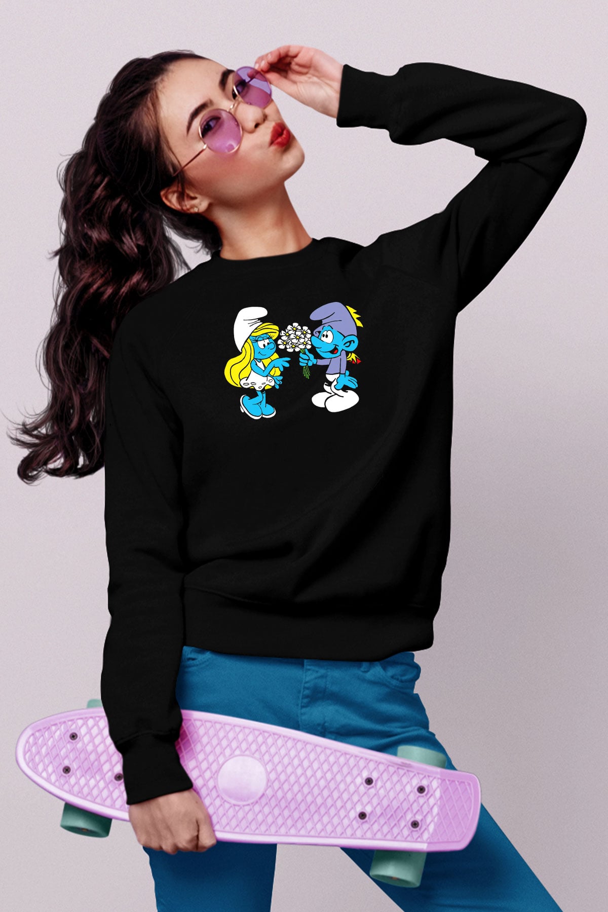 The Smurfs Şirinler Siyah Unisex  Sweatshirt
