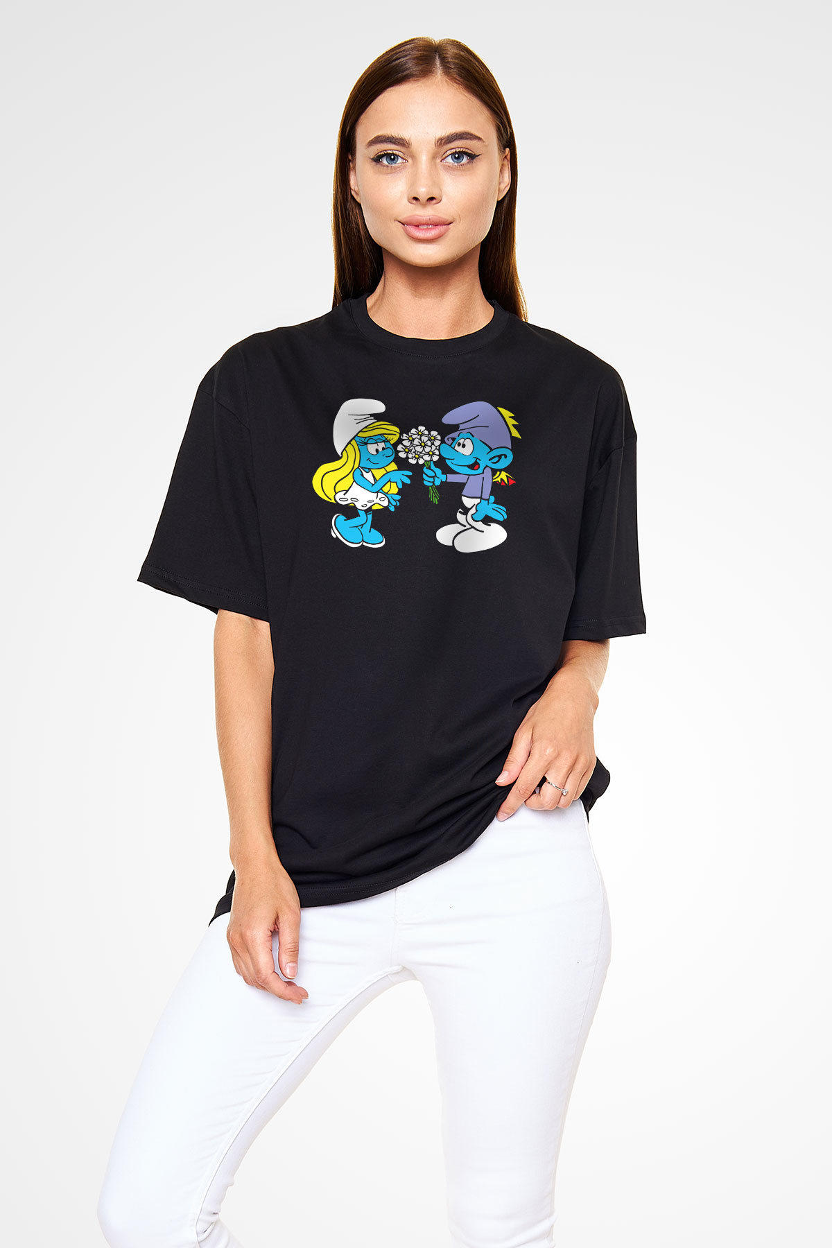 The Smurfs Şirinler Siyah Oversize Tişört