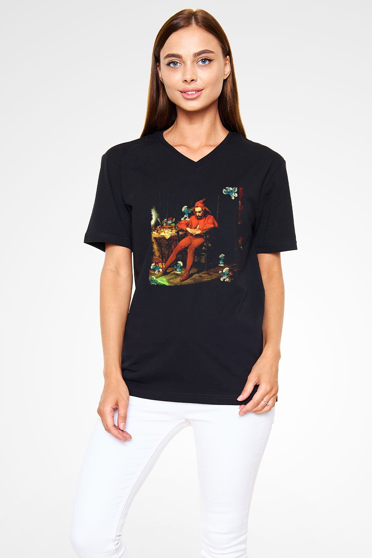 The Smurfs Şirinler Siyah Unisex  V Yaka Tişört