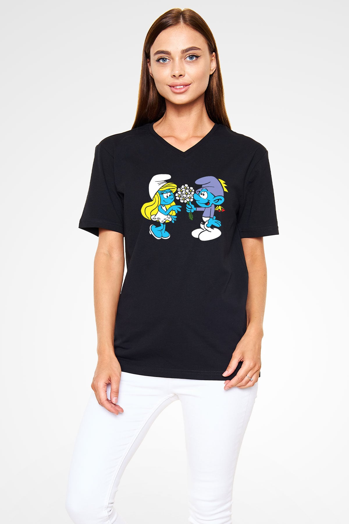 The Smurfs Şirinler Siyah Unisex  V Yaka Tişört