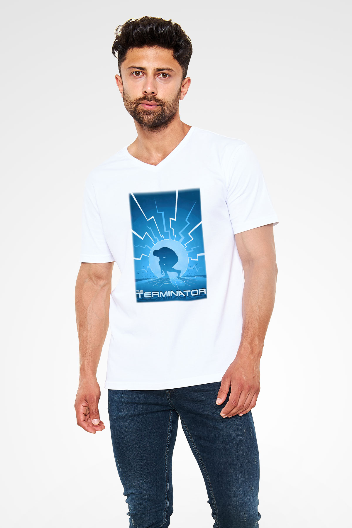 The Terminator Beyaz Unisex V Yaka Tişört T-Shirt