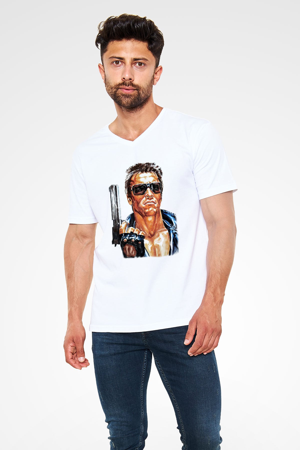 The Terminator Beyaz Unisex V Yaka Tişört T-Shirt
