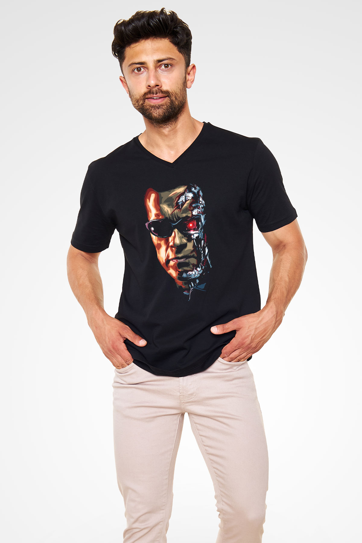 The Terminator Siyah Unisex V Yaka Tişört T-Shirt