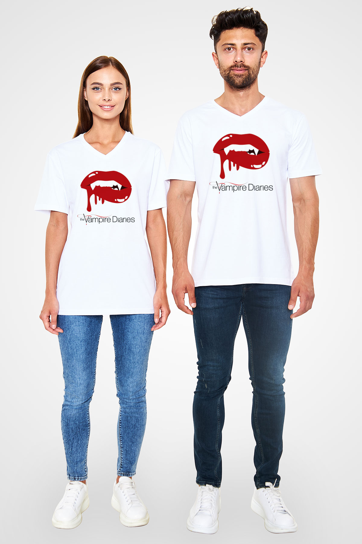 The Vampire Diaries Beyaz Unisex V Yaka Tişört T-Shirt