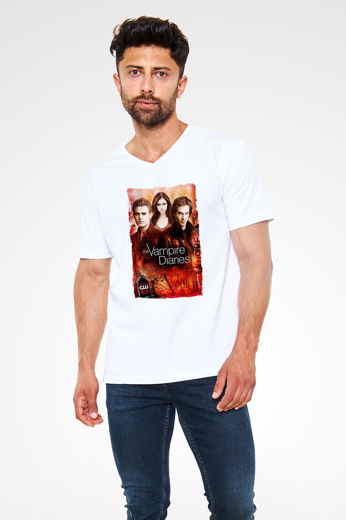 The Vampire Diaries Beyaz Unisex V Yaka Tişört