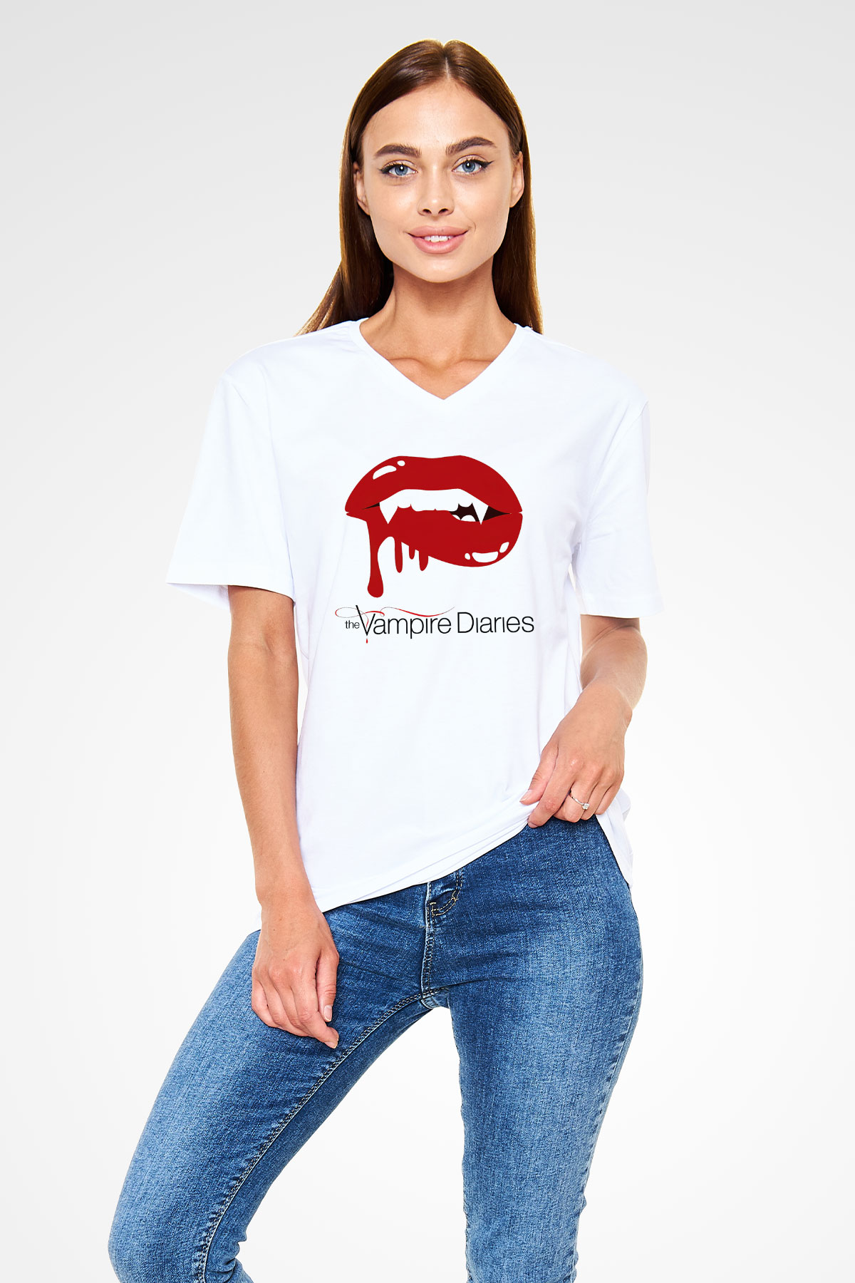 The Vampire Diaries Beyaz Unisex V Yaka Tişört T-Shirt