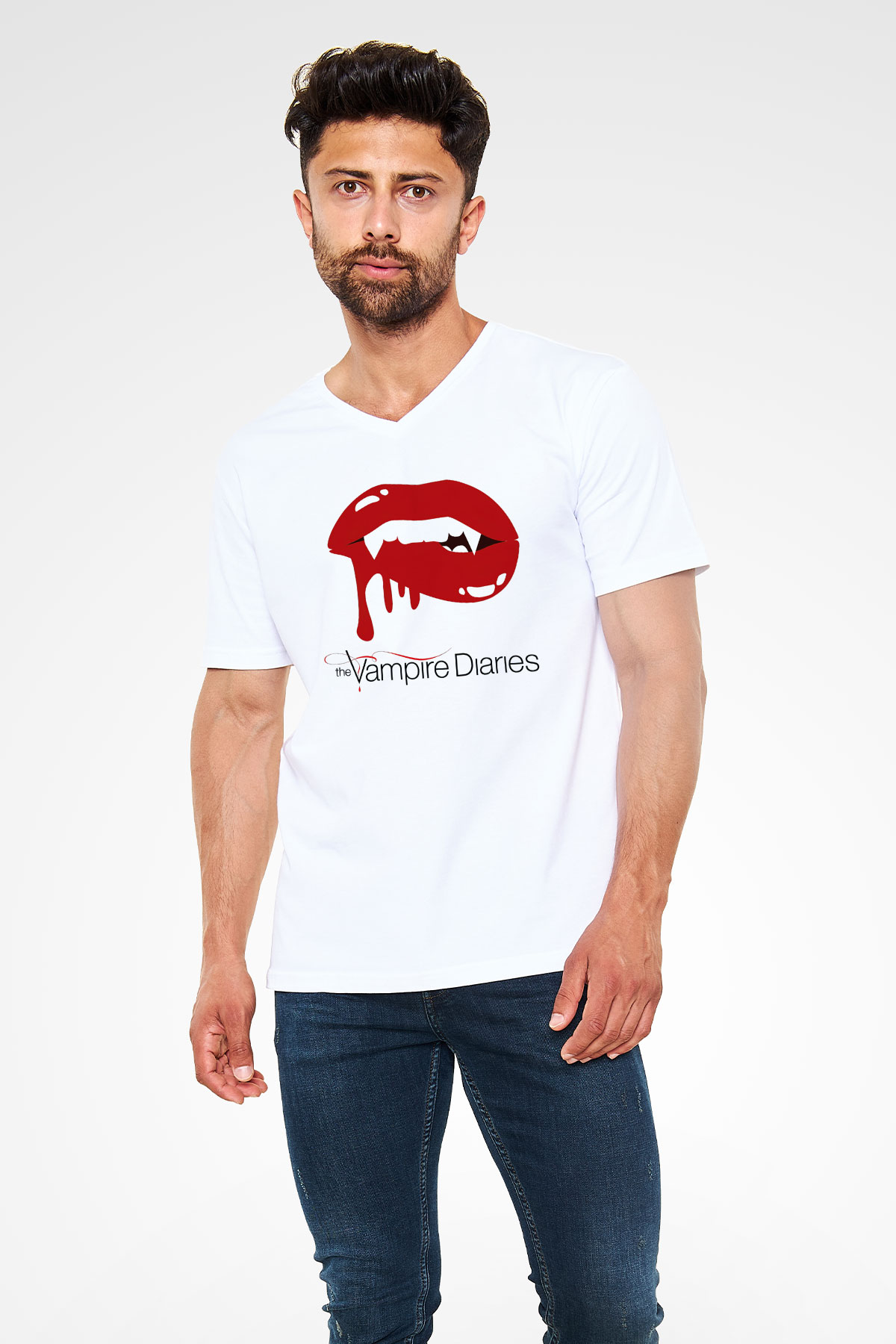 The Vampire Diaries Beyaz Unisex V Yaka Tişört T-Shirt