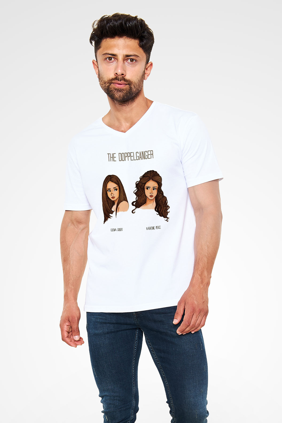 The Vampire Diaries Beyaz Unisex V Yaka Tişört T-Shirt