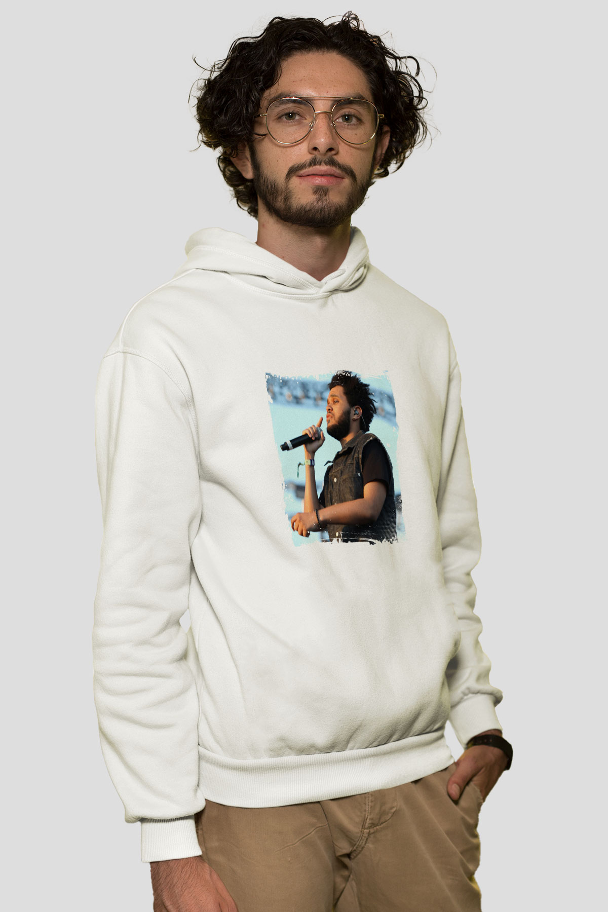 The Weeknd Baskılı Unisex Beyaz Kapüşonlu Sweatshirt