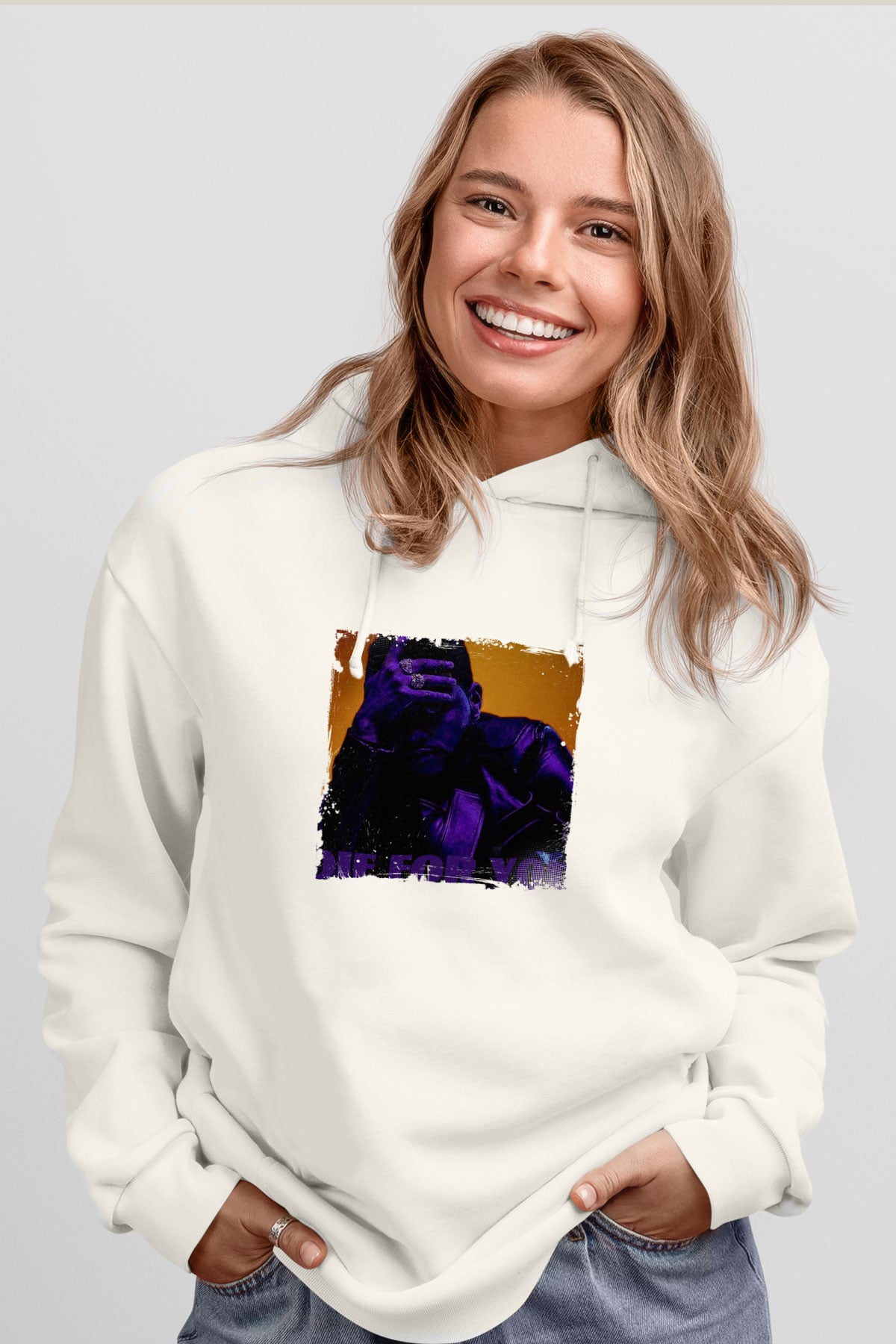 The Weeknd Baskılı Unisex Beyaz Kapüşonlu Sweatshirt
