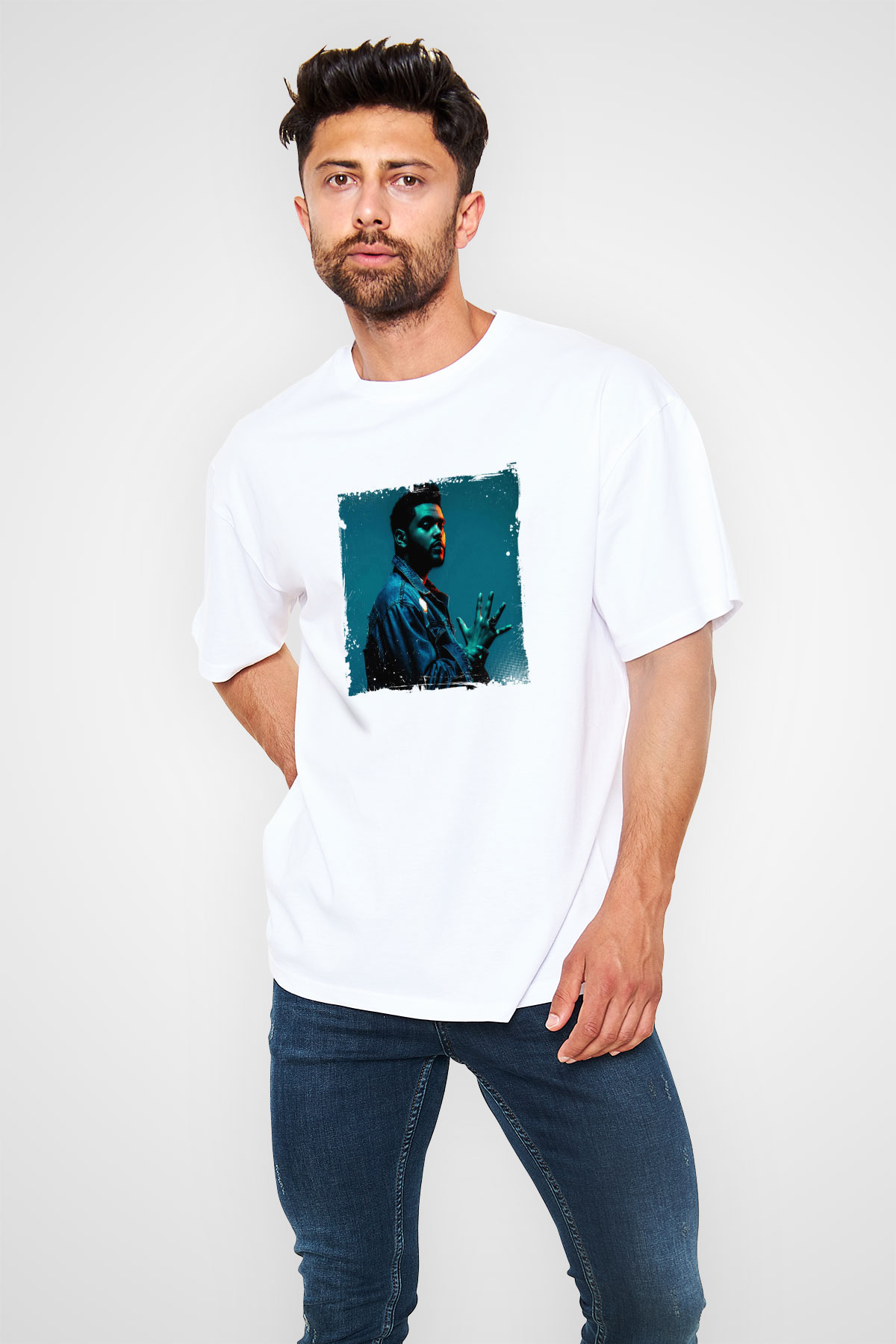 The Weeknd Baskılı Oversize Beyaz Tişört
