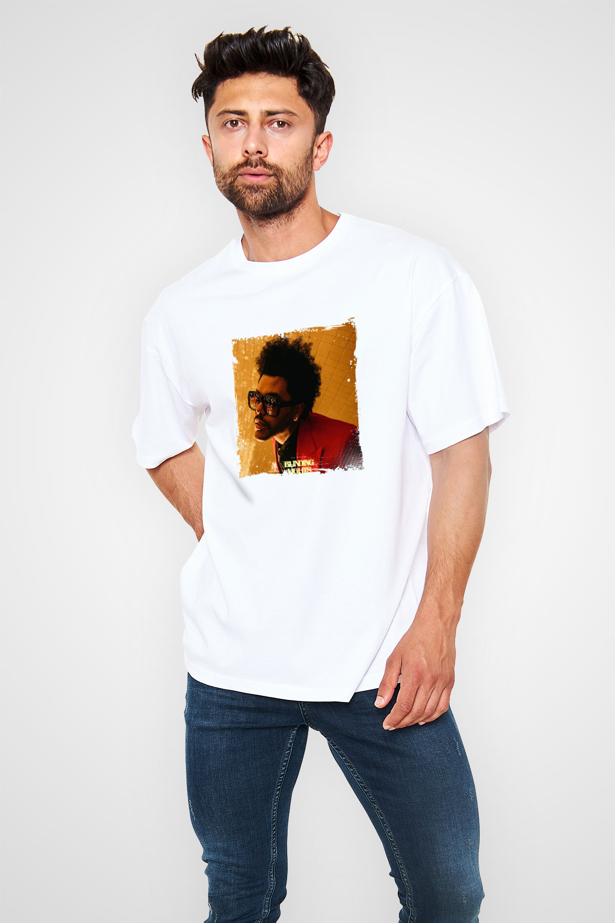 The Weeknd Baskılı Oversize Beyaz Tişört