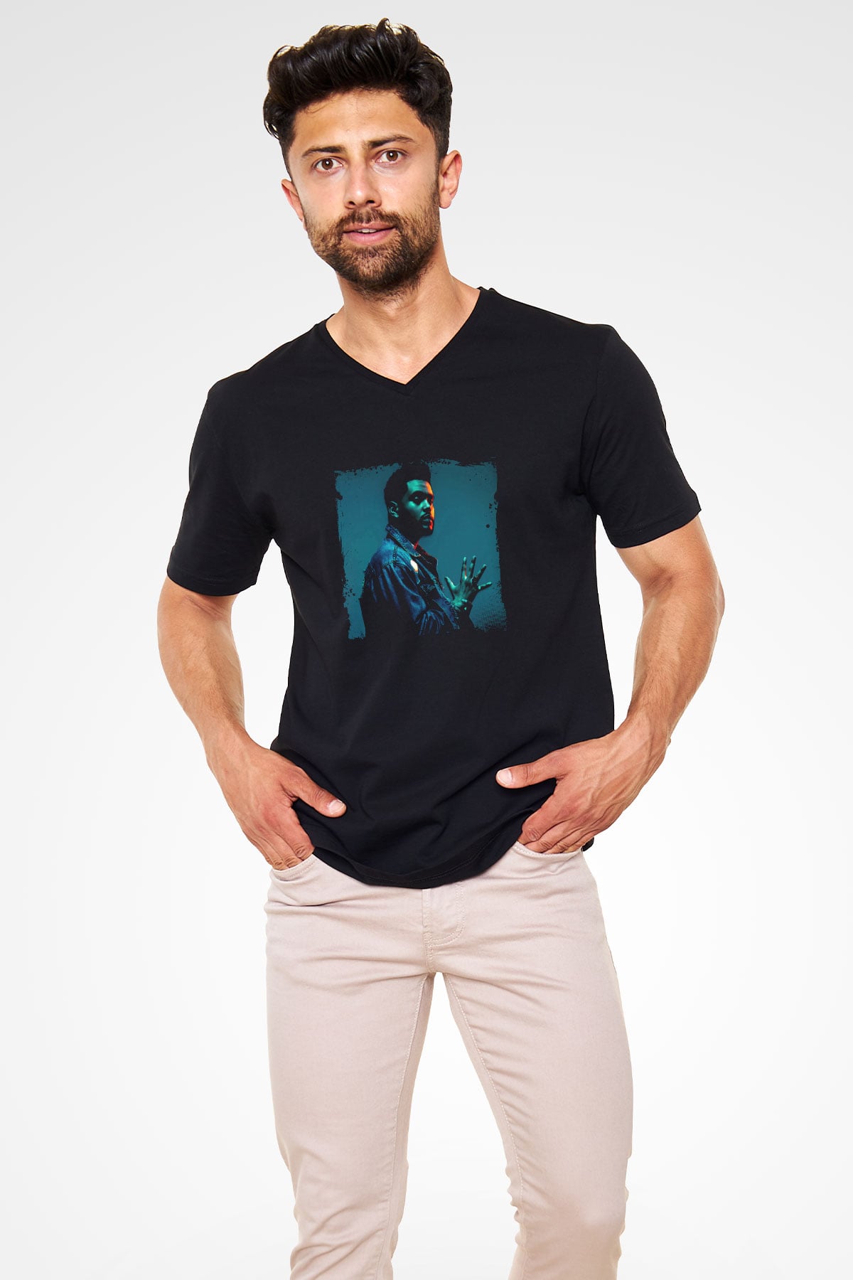 The Weeknd Baskılı Unisex Siyah V Yaka Tişört