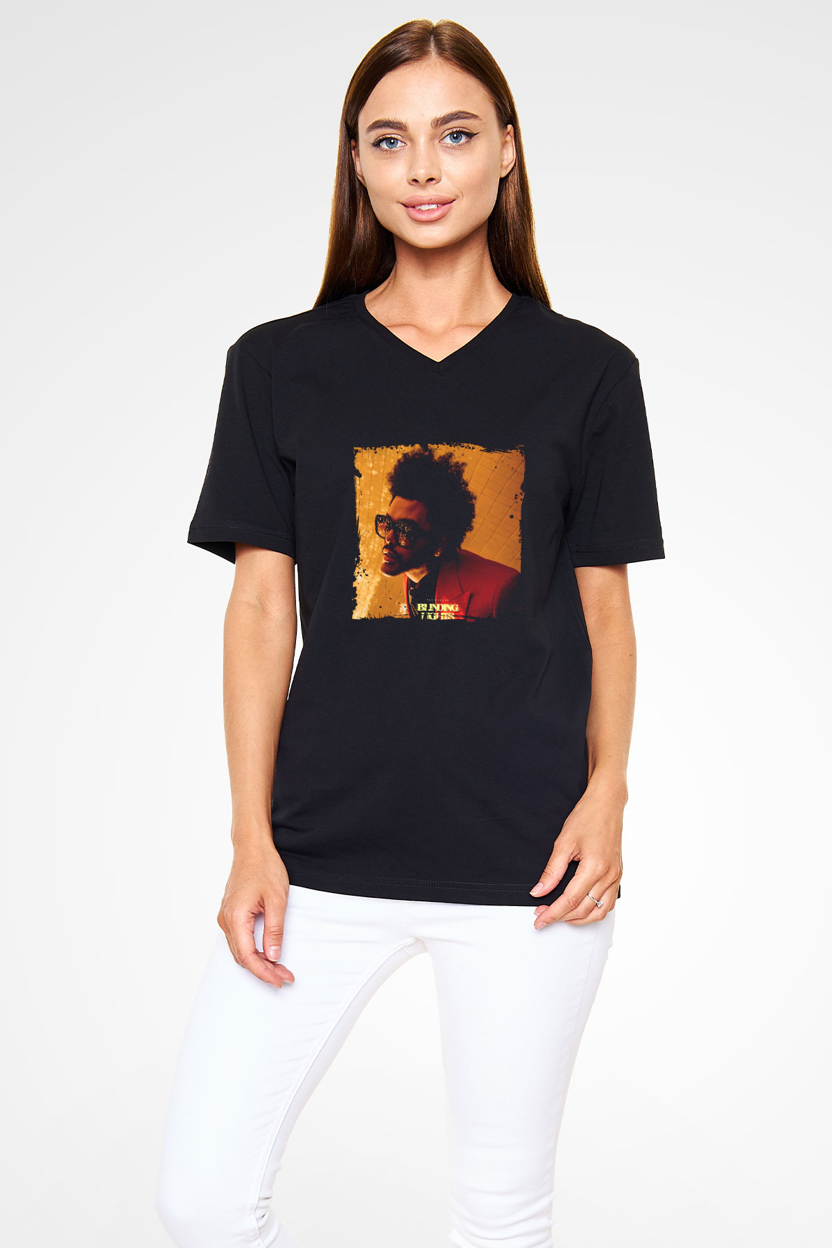 The Weeknd Baskılı Unisex Siyah V Yaka Tişört