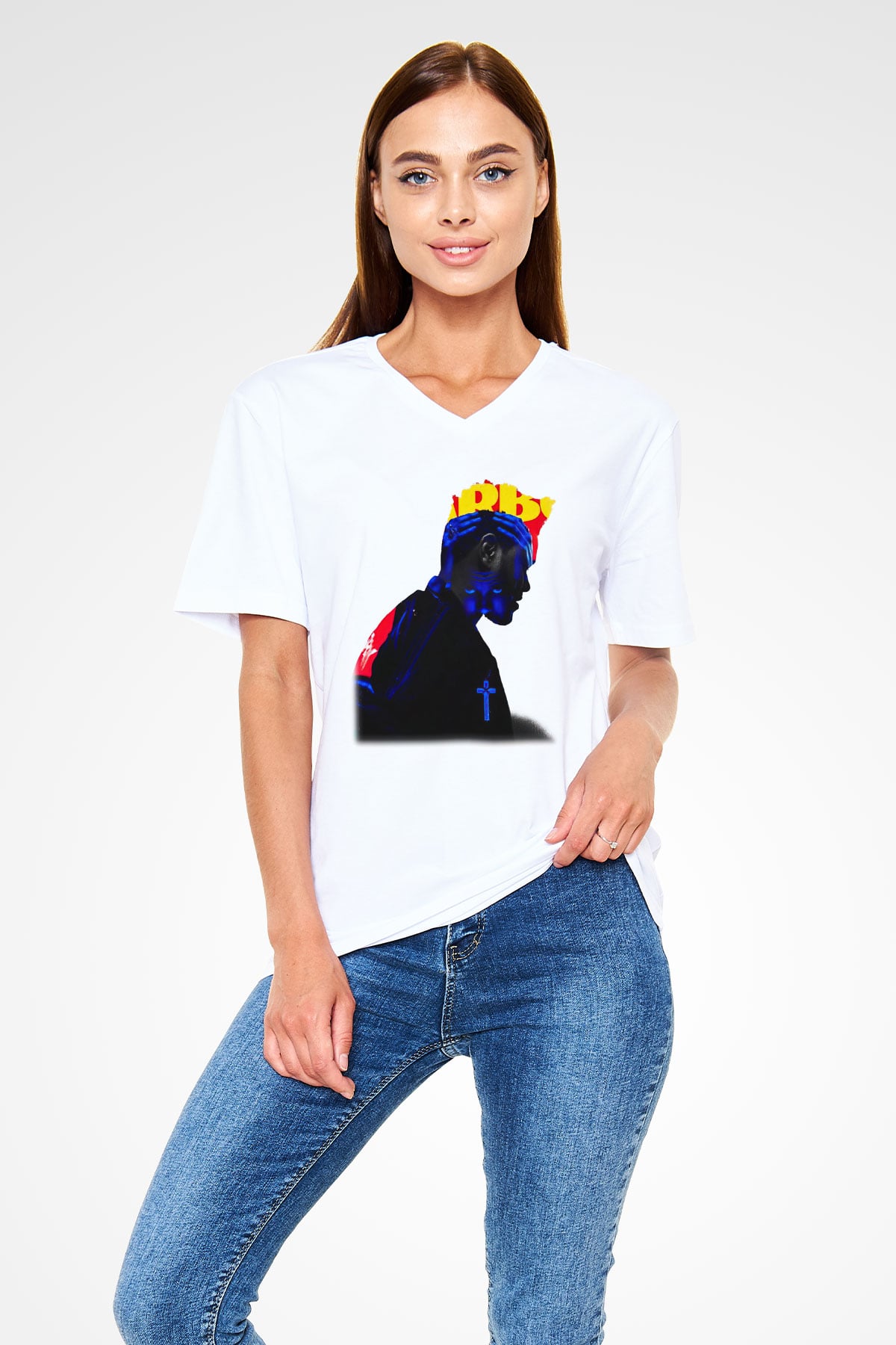 The Weeknd Beyaz Unisex V Yaka Tişört T-Shirt