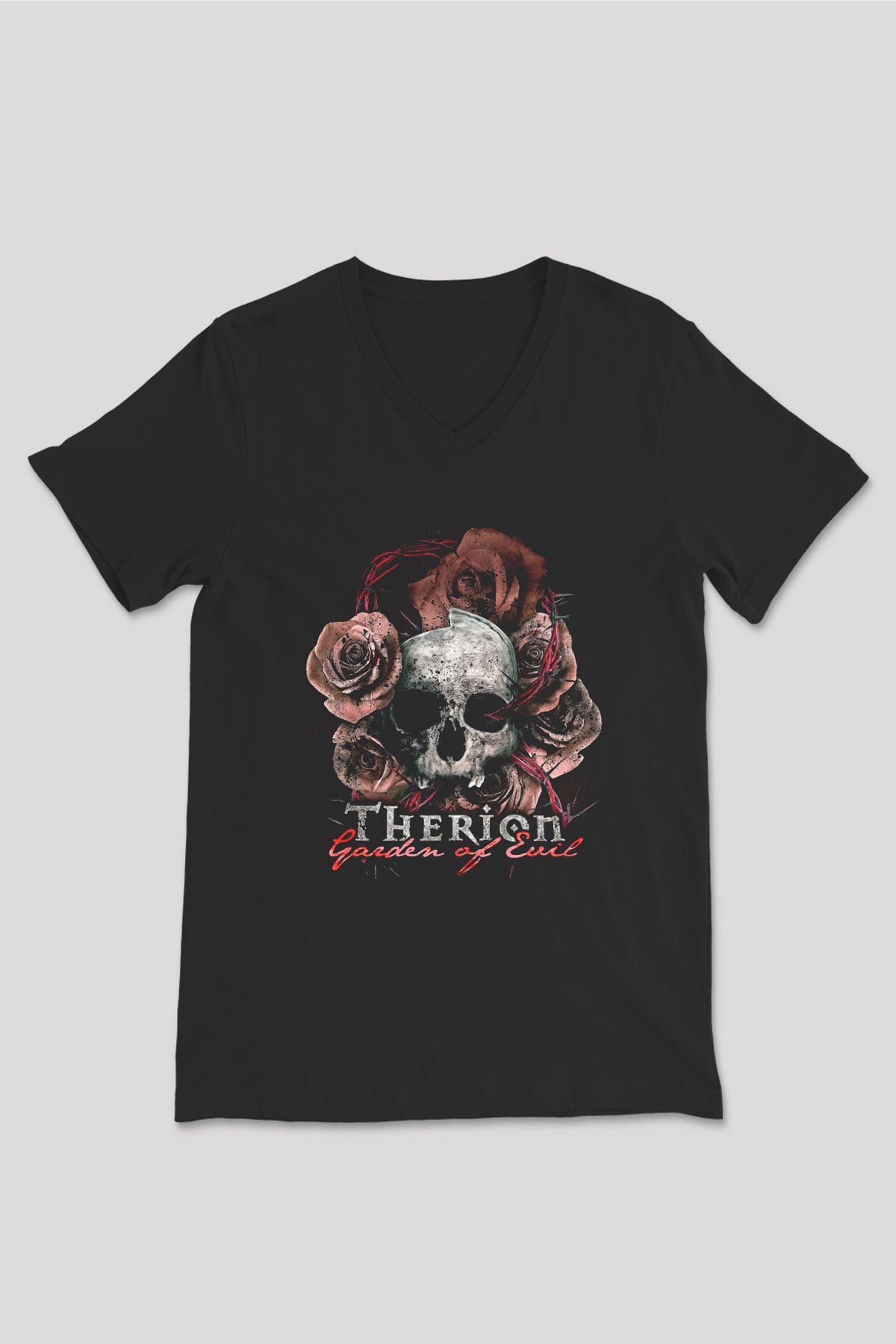 Therion Baskılı Unisex Siyah V Yaka Tişört - Tshirt