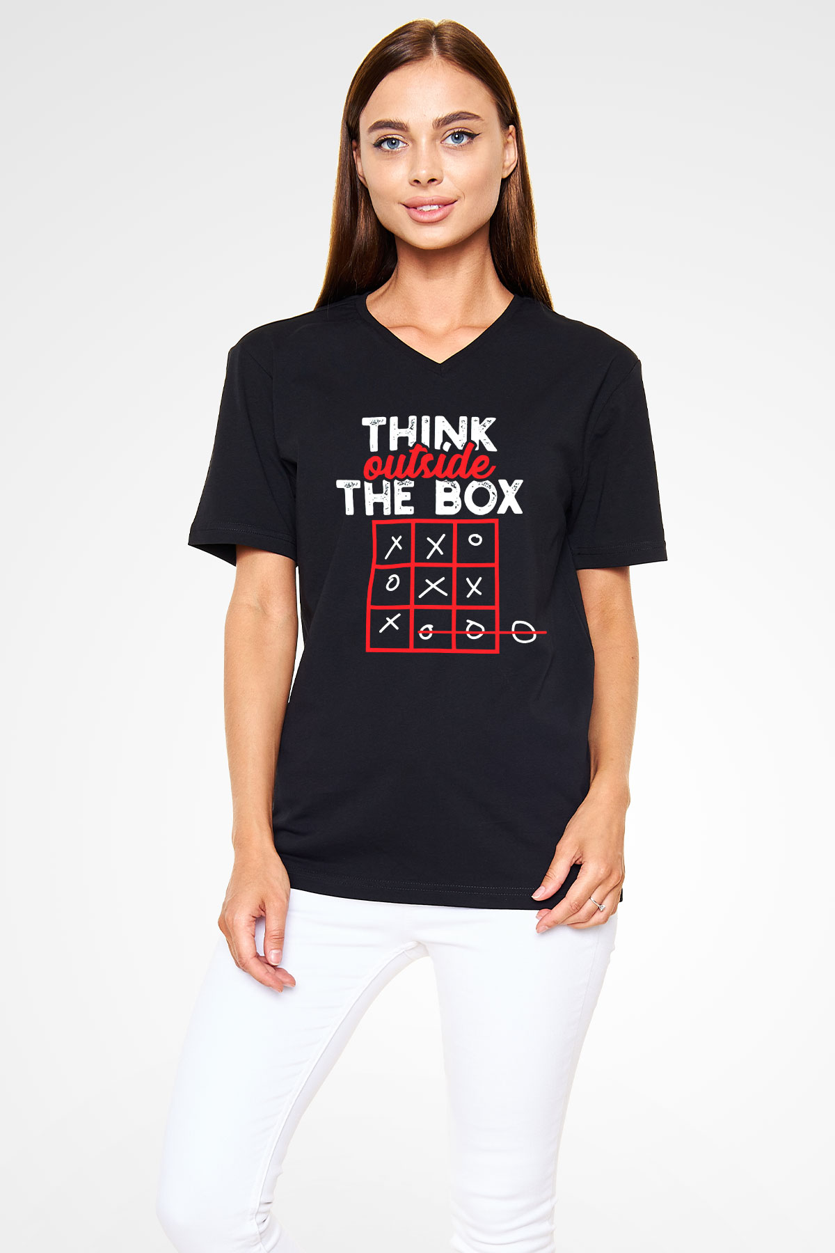 Think Outside Box Baskılı Unisex Siyah  V Yaka Tişört