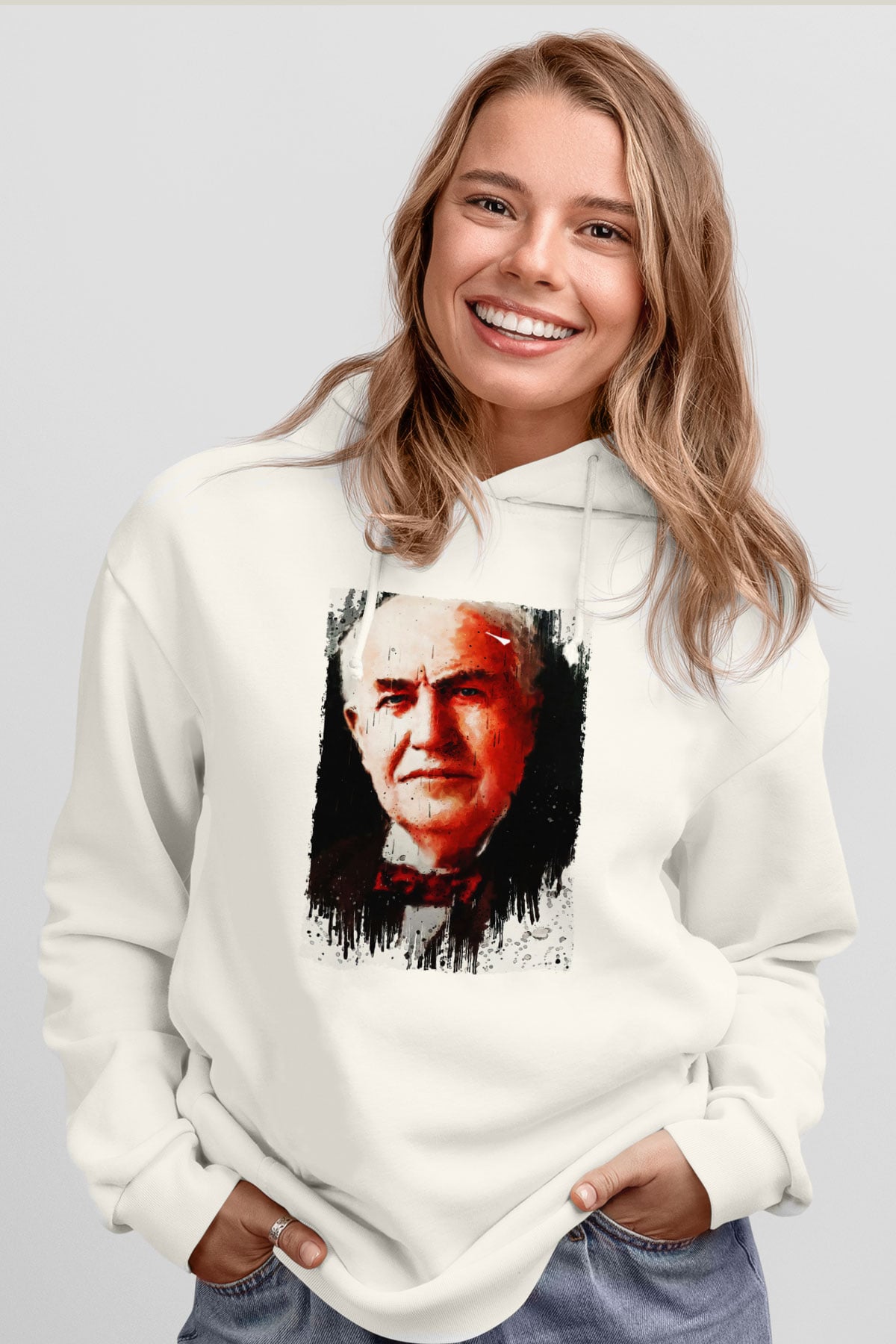 Thomas Alva Edison Baskılı Unisex Ekru Hoodie