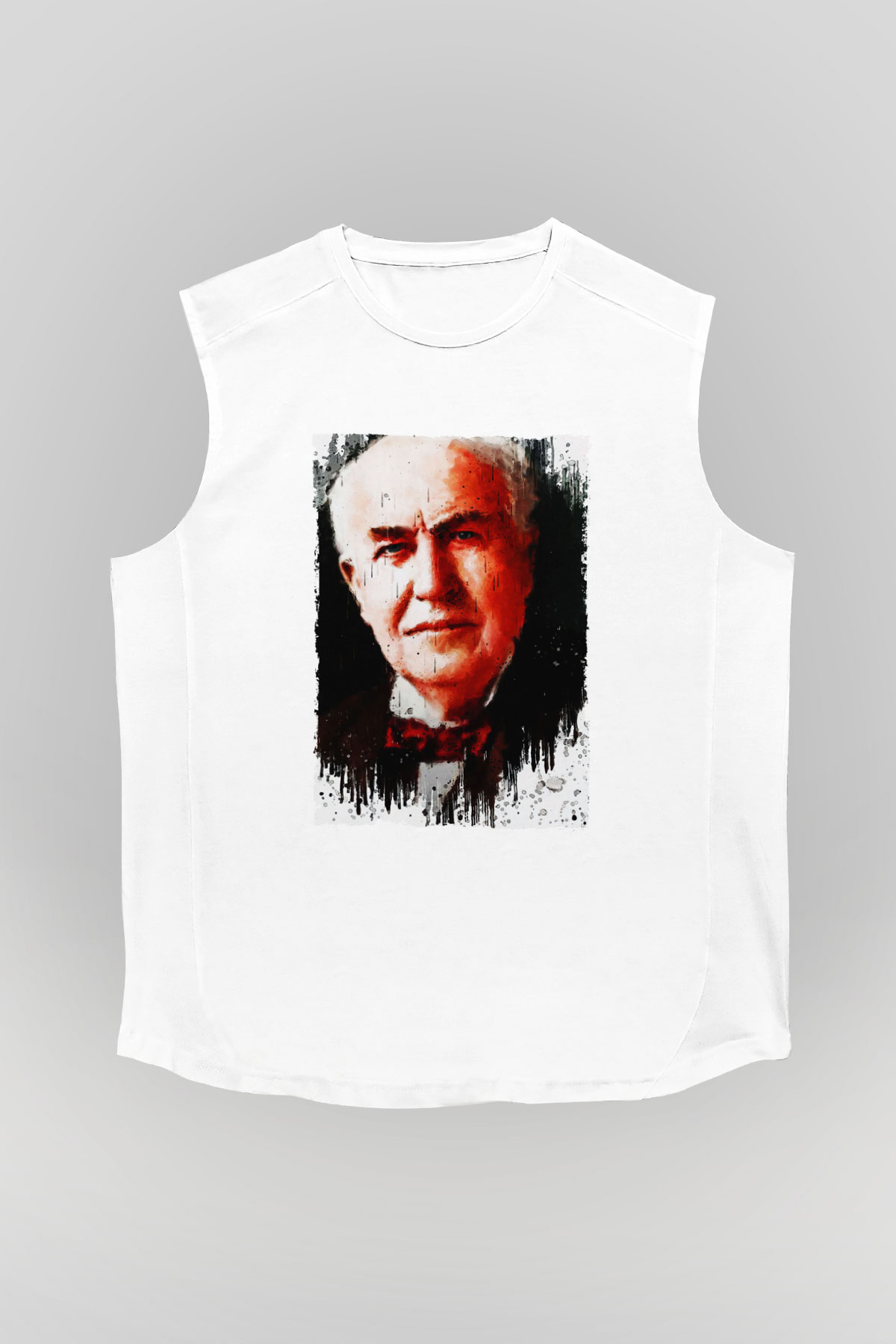 Thomas Alva Edison Baskılı Unisex Kolsuz Beyaz Tişört - Tshirt