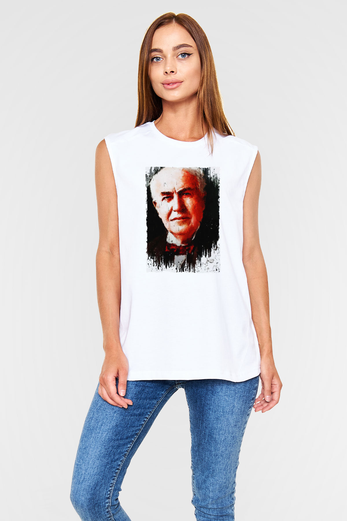 Thomas Alva Edison Baskılı Unisex Kolsuz Beyaz Tişört - Tshirt