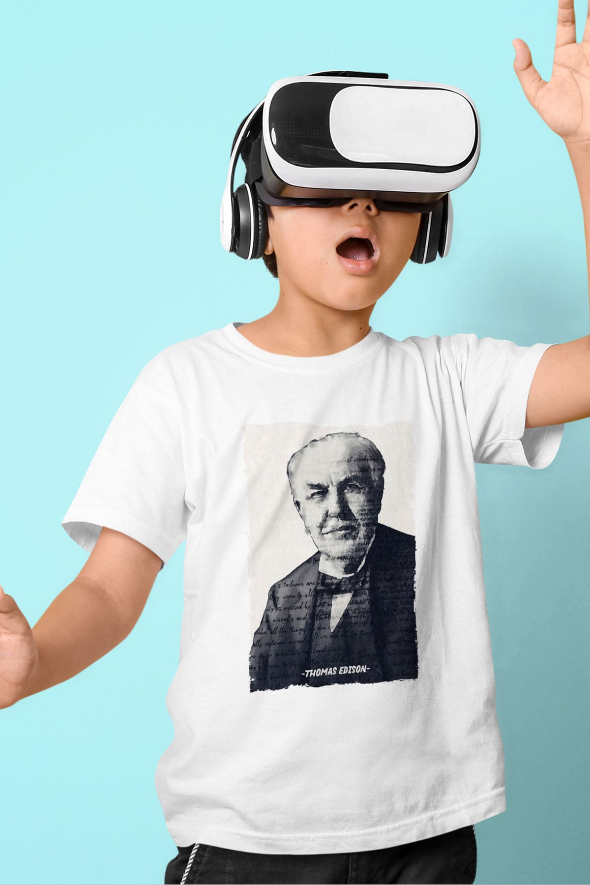 Thomas Edison Renkli Portre Baskılı Unisex Beyaz Çocuk Tişörtü - Tshirt