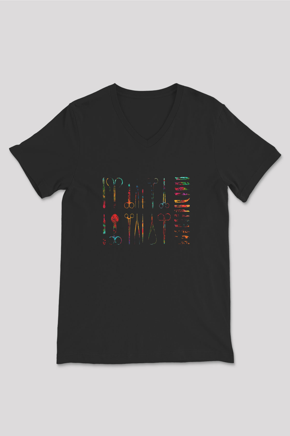 Tıbbi Aletler Baskılı Unisex V Yaka Siyah Tİşört - Tshirt