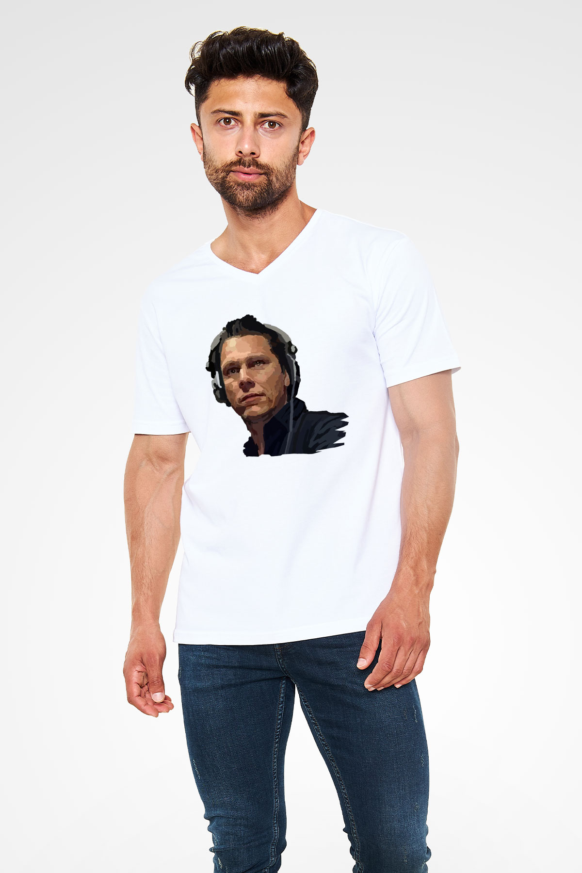 Tiesto Beyaz Unisex V Yaka Tişört T-Shirt