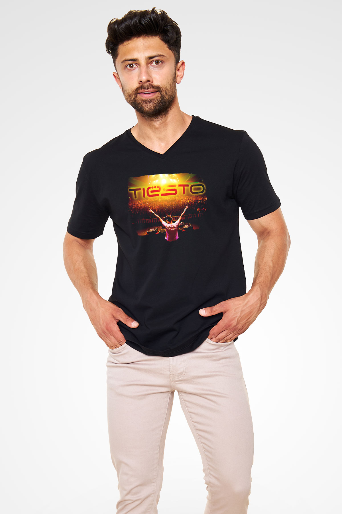 Tiesto Siyah Unisex V Yaka Tişört
