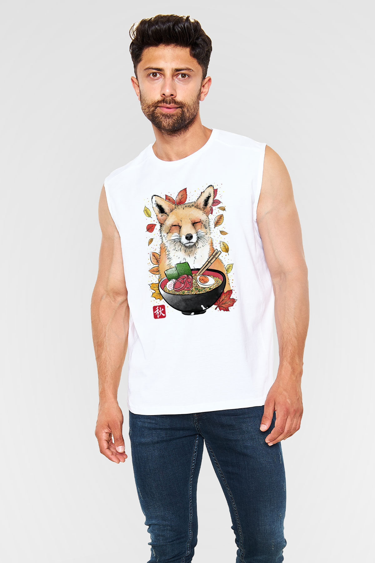 Tilki Baskılı Unisex Beyaz  Kolsuz Tişört