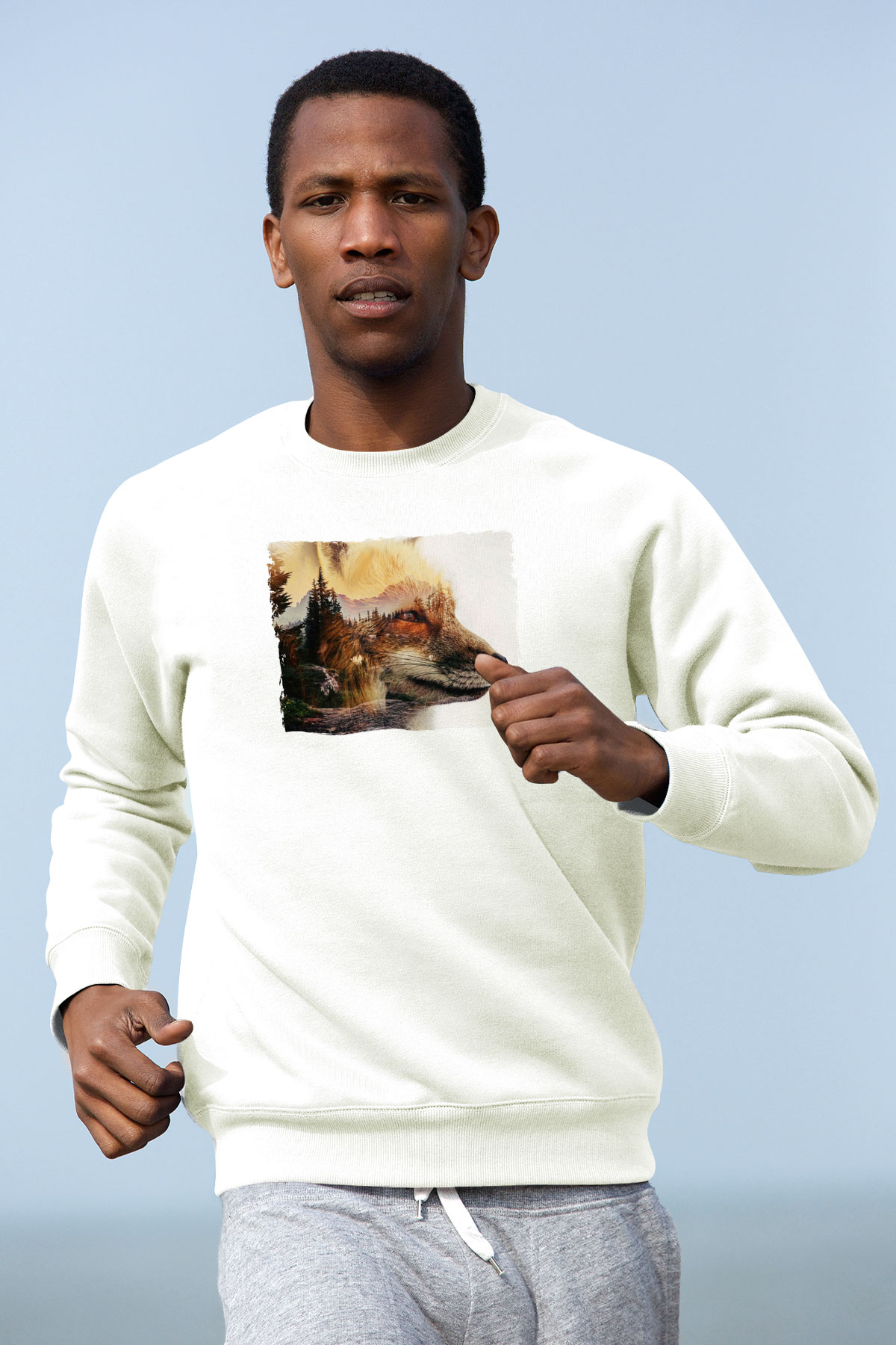 Tilki Baskılı Unisex Beyaz  Sweatshirt