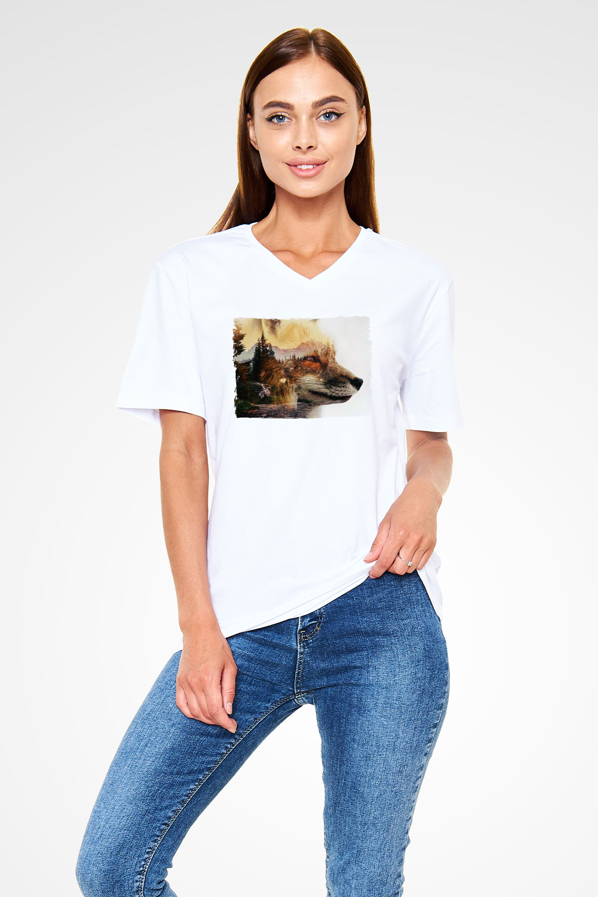 Tilki Baskılı Unisex Beyaz  V Yaka Tişört