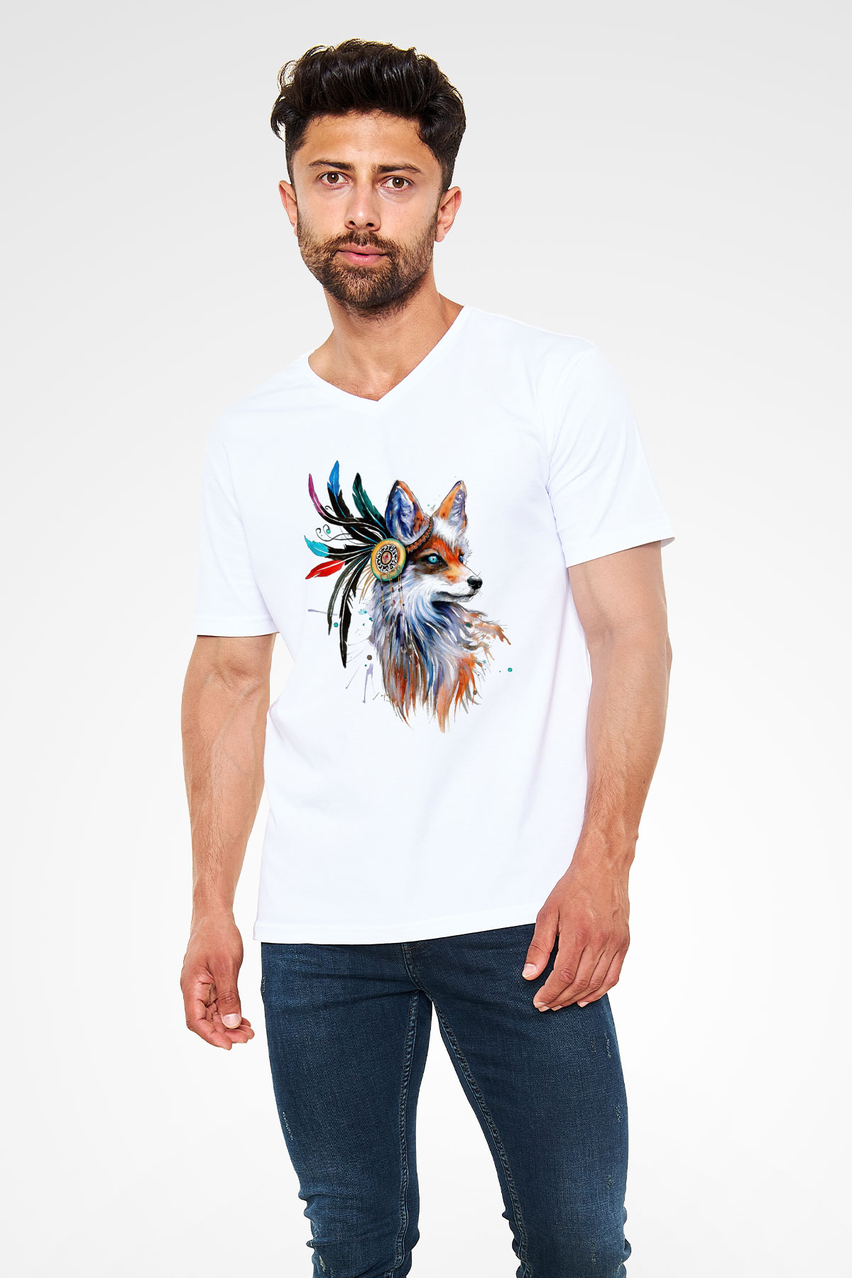 Tilki Beyaz Unisex V Yaka Tişört T-Shirt