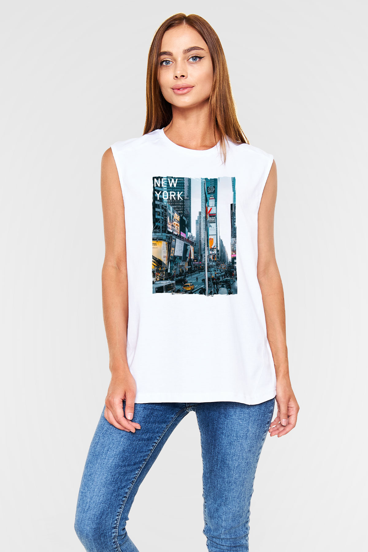 Times Square Beyaz Unisex Kolsuz Tişört