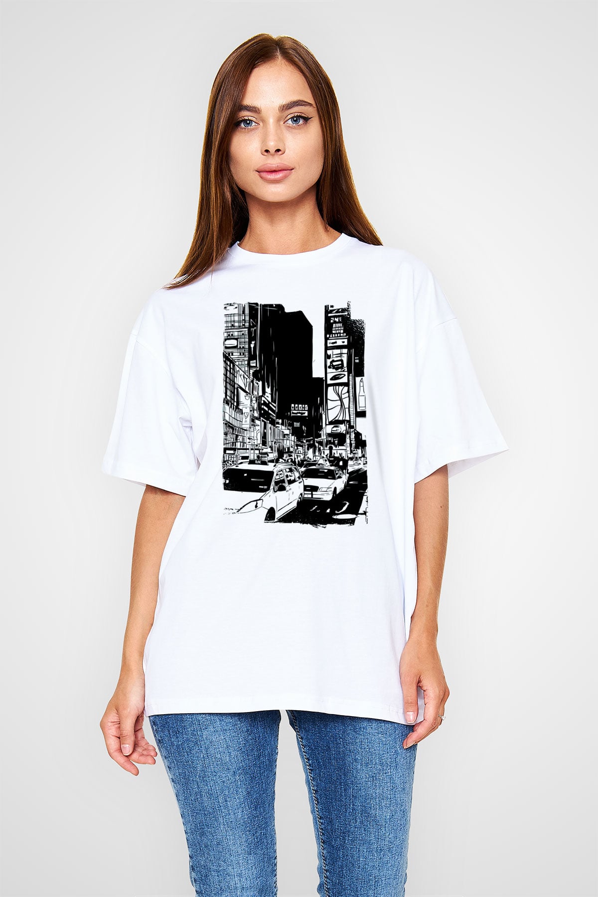 Times Square Beyaz Oversize Tişört Oversize T-shirt - TişörtFabrikası