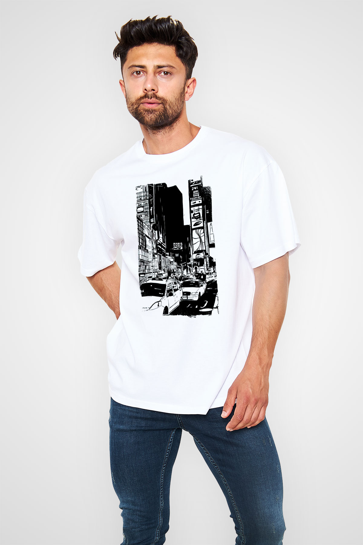 Times Square Beyaz Oversize Tişört Oversize T-shirt - TişörtFabrikası