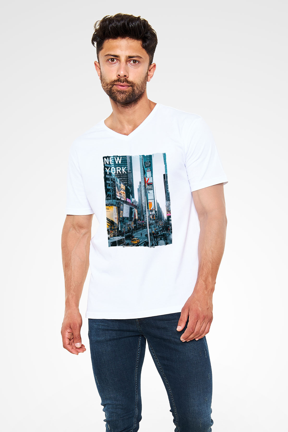 Times Square Beyaz Unisex V Yaka Tişört