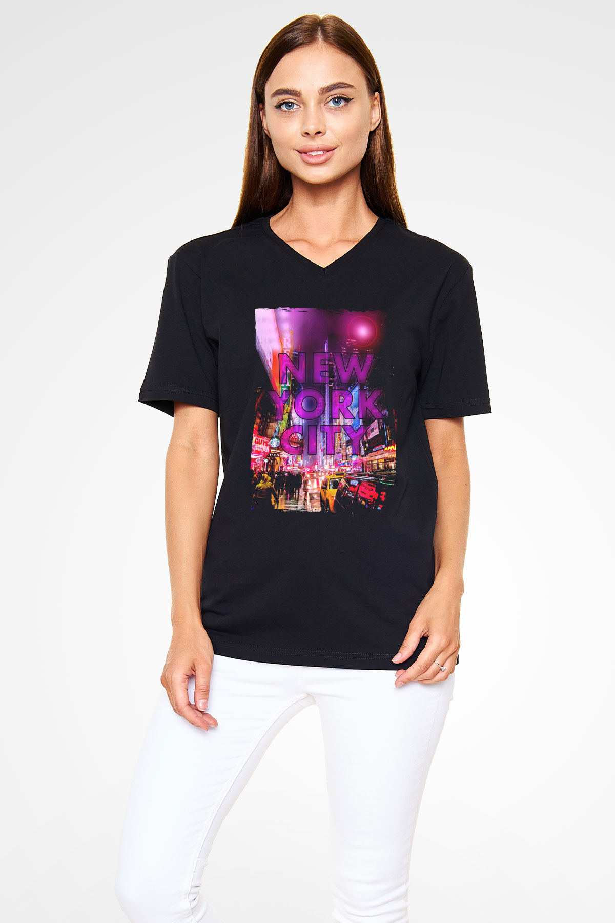Times Square Siyah Unisex V Yaka Tişört