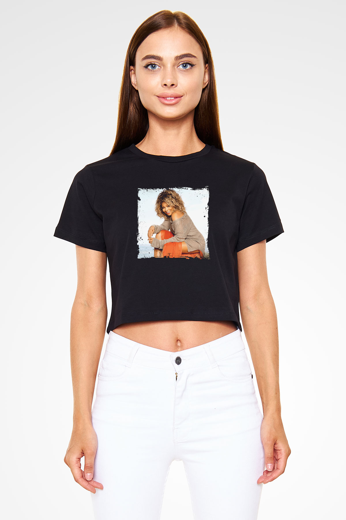 Tine Turner Baskılı Crop Top Siyah Kadın Tişört