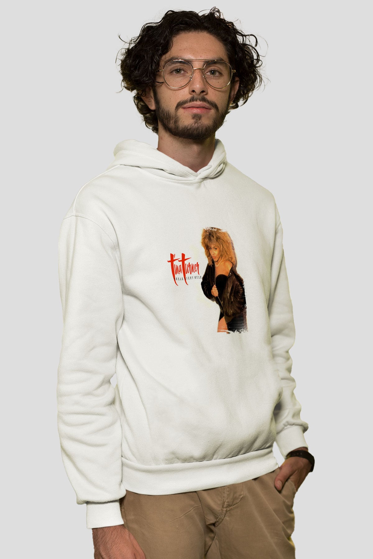 Tine Turner Baskılı Unisex Beyaz Kapüşonlu Sweatshirt